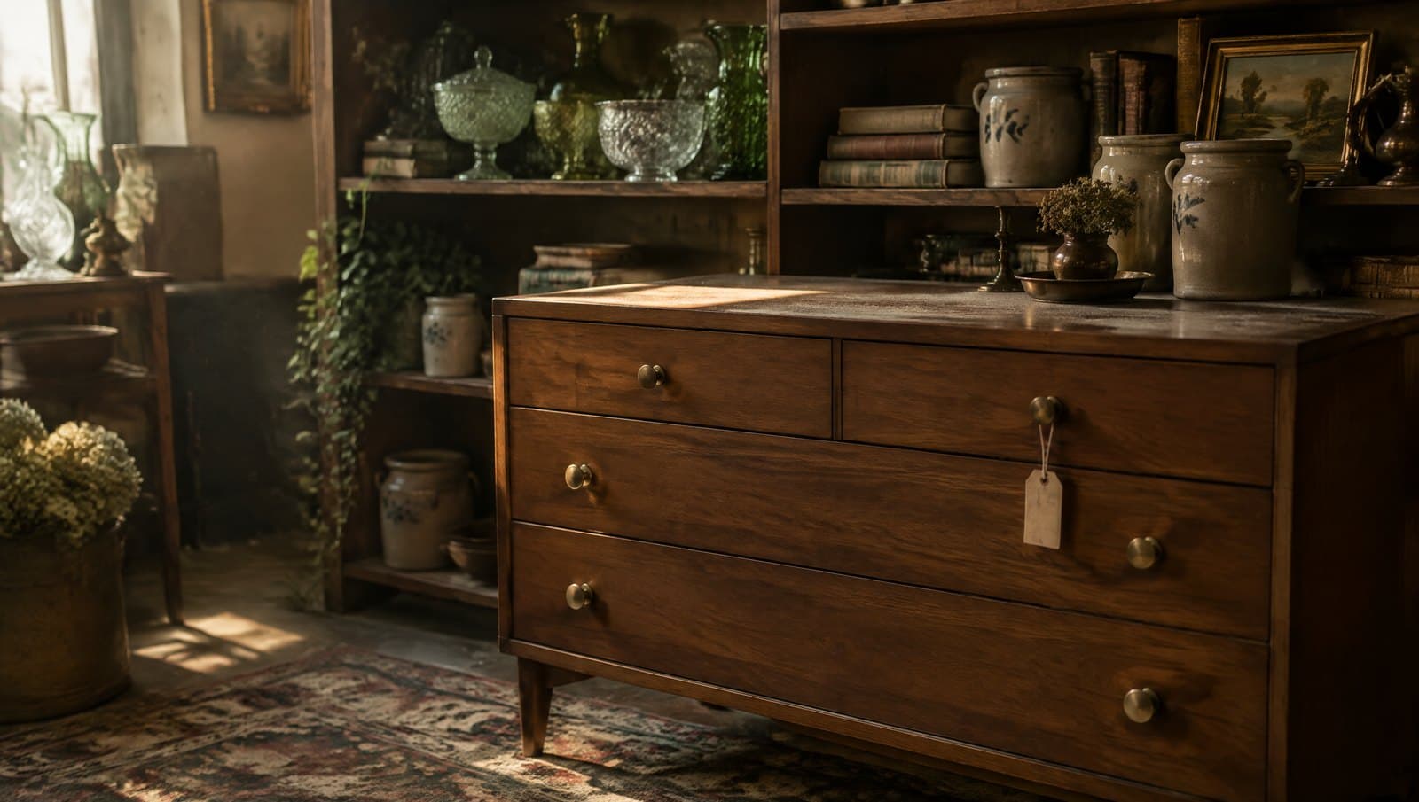 A dresser with a blank price tag in an antique mall booth, shelves of glass and crocks behind it