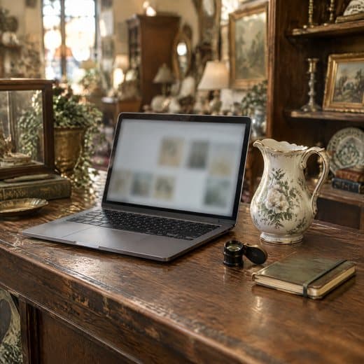 A laptop open on a booth counter beside a floral pitcher, a jeweller’s loupe and a notebook
