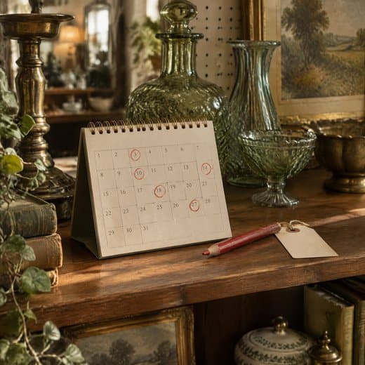 A desk calendar with several dates ringed in red, a red pencil and a blank tag beside it