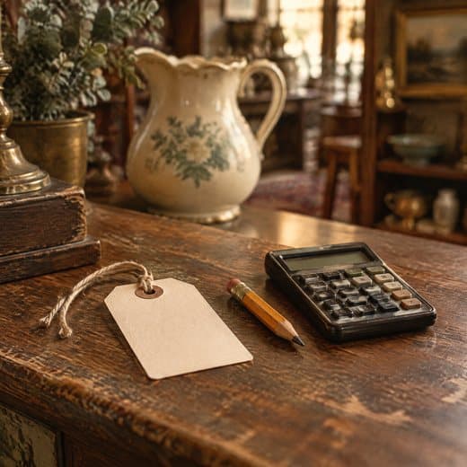 A blank paper price tag, a pencil and a pocket calculator on a wooden counter