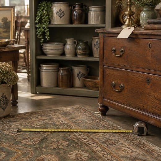 A tape measure stretched across the rug at the foot of a dresser in a booth
