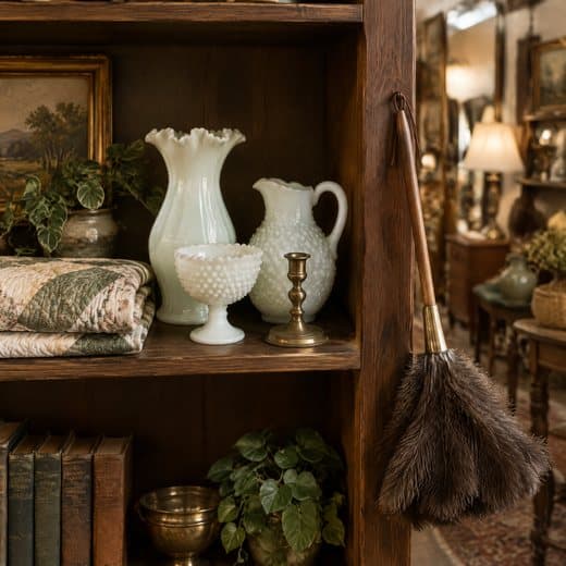 A restyled shelf of milk glass and a brass candlestick in an antique booth, a feather duster hanging beside it